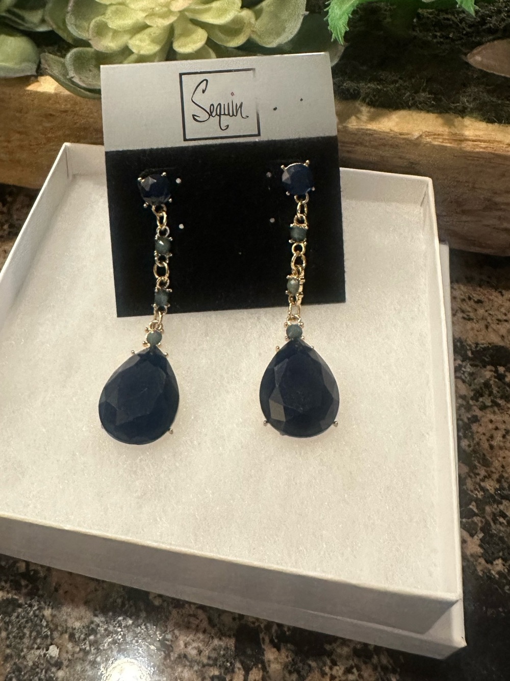 Sequin NYC Navy Blue & Gold Linear Faceted Teardrop Statement Drop Earrings